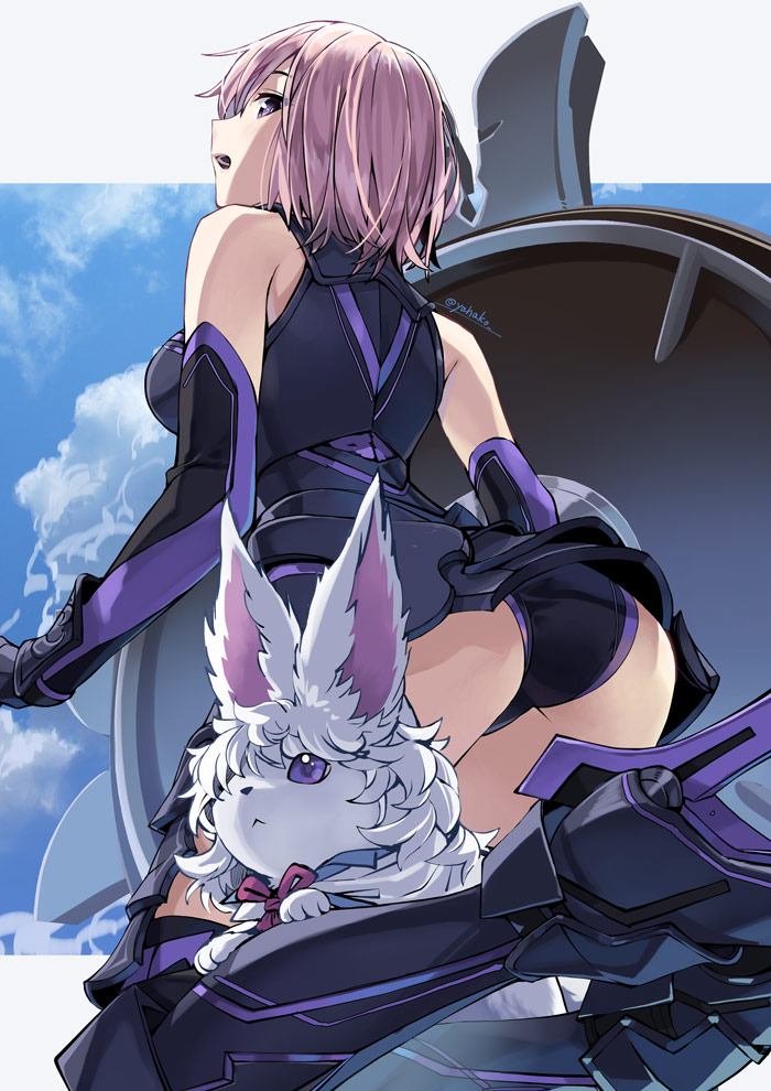 1girl armored_leotard ass bare_shoulders black_footwear black_gloves black_leotard boots breasts clouds cloudy_sky commentary_request creature day elbow_gloves fate/grand_order fate_(series) fou_(fate/grand_order) from_behind from_below gloves high_heel_boots high_heels leotard looking_at_viewer looking_back looking_down mash_kyrielight medium_breasts open_mouth outdoors outside_border pink_hair profile shield sky thigh-highs thigh_boots twitter_username violet_eyes yahako