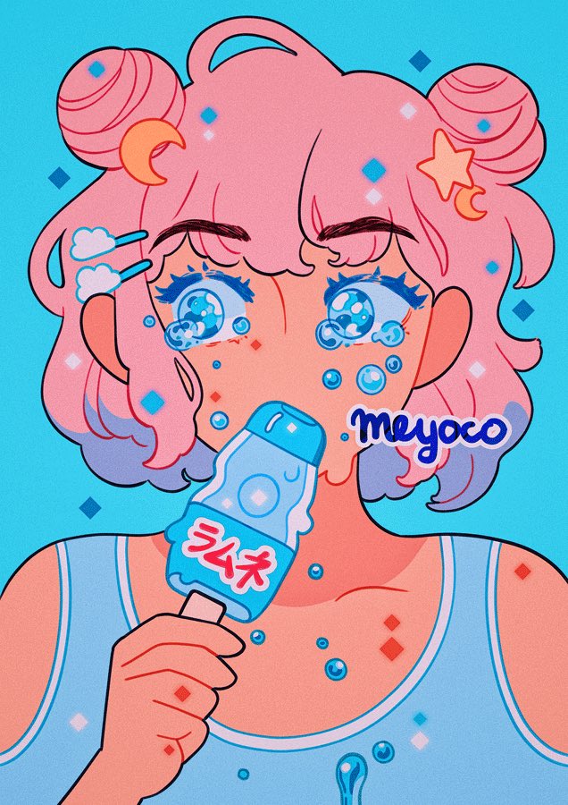 1girl artist_name bangs blue_background blue_eyes covered_mouth crescent crescent_hair_ornament eyebrows_visible_through_hair food hair_ornament hairclip holding holding_food meyoco original pink_hair popsicle portrait ramune simple_background solo sparkle star tears