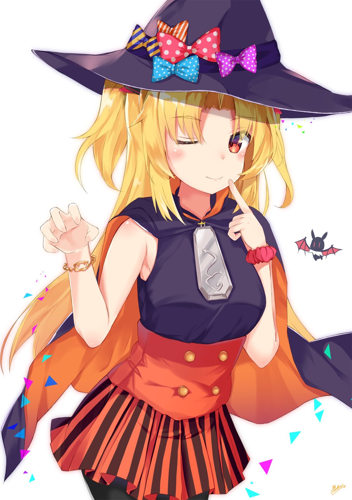 1girl akatsuki_yuni aokabi_(aokabic) bangs bare_shoulders bat black_legwear black_shirt blonde_hair blush bow bracelet breasts cape claw_pose closed_mouth cowboy_shot fang fang_out finger_to_mouth hair_ornament hairclip hat hat_bow highres index_finger_raised jewelry long_hair looking_at_viewer one_eye_closed orange_skirt oversized_object parted_bangs red_eyes shirt simple_background skirt sleeveless small_breasts smile solo striped striped_skirt two_side_up uni_channel virtual_youtuber white_background witch_hat zipper_pull_tab