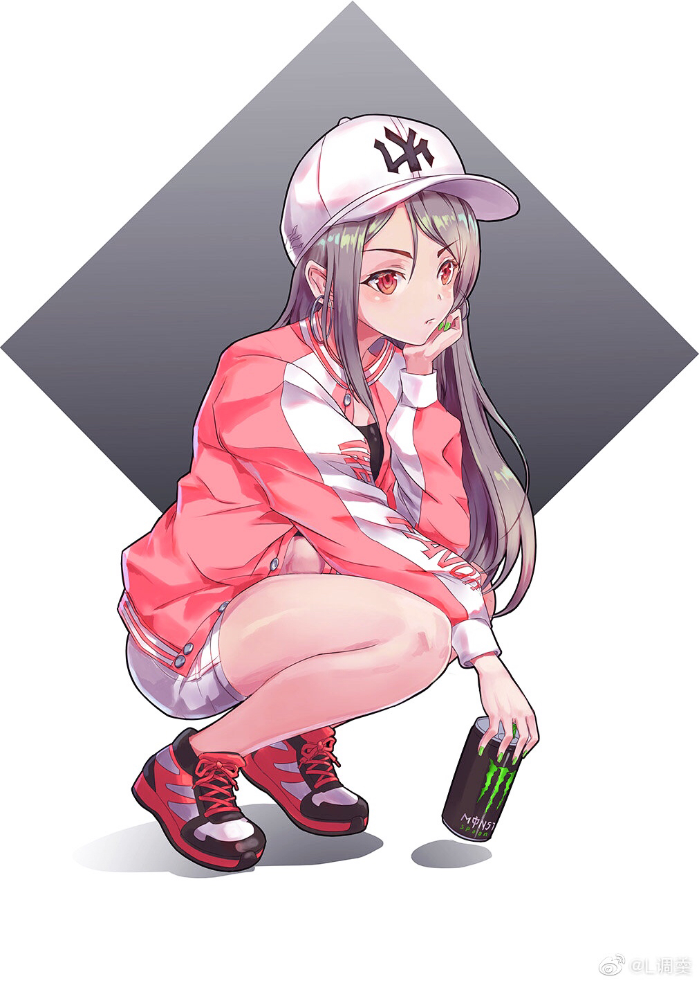 1girl baseball_cap black_bra bra can chin_rest earrings energy_drink green_nails grey_hair hat highres holding holding_can hoop_earrings jacket jewelry long_hair long_sleeves monster_energy open_clothes open_jacket original pink_jacket red_eyes shoes shorts sneakers solo sports_bra squatting tiaogeng underwear white_shorts