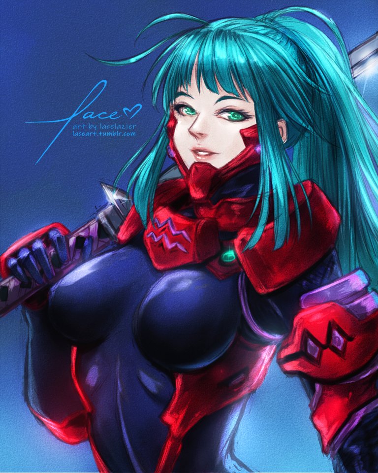 1girl ahoge armor blue_eyes blue_hair bodysuit breasts gloves green_eyes green_hair holding holding_sword holding_weapon lacelazier large_breasts long_hair muvluv pilot_suit ponytail signature smile solo sword tsukuyomi_mana weapon