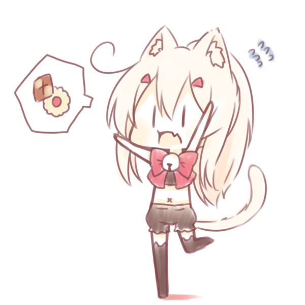 1girl animal_ear_fluff animal_ears arm_up ayanami_(azur_lane) azur_lane bare_arms bell black_legwear black_shirt black_shorts blush bow cat_ears cat_girl cat_tail checkerboard_cookie chibi cookie crop_top fang flying_sweatdrops food full_body hair_ornament hairclip high_ponytail jingle_bell kemonomimi_mode light_brown_hair long_hair midriff navel open_mouth ponytail puffy_shorts red_bow sakurato_ototo_shizuku shadow shirt short_shorts shorts solo spoken_food standing standing_on_one_leg tail thigh-highs very_long_hair white_background