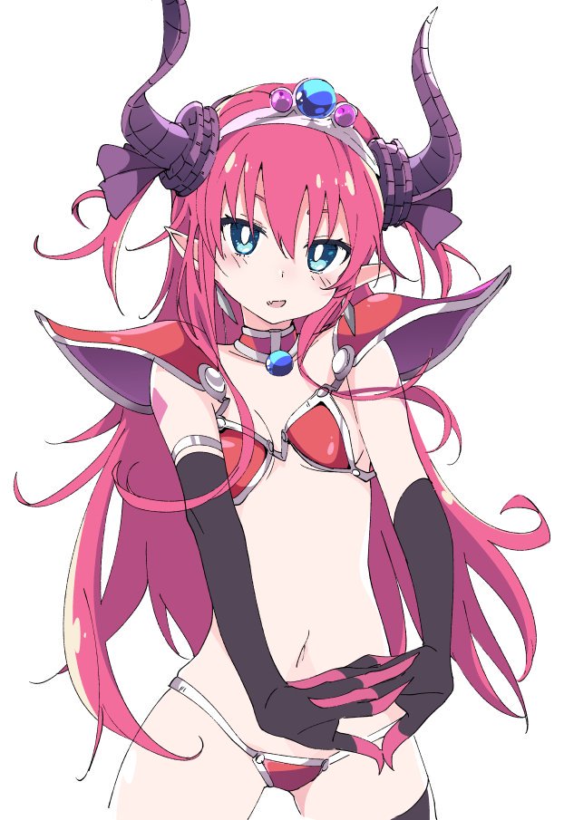 1girl armor bangs bikini_armor black_gloves blue_eyes blush breasts curled_horns elbow_gloves elizabeth_bathory_(brave)_(fate) elizabeth_bathory_(fate)_(all) fate/grand_order fate_(series) gloves horns ixy long_hair medium_breasts open_mouth pointy_ears purple_horns redhead silver_trim simple_background solo white_background