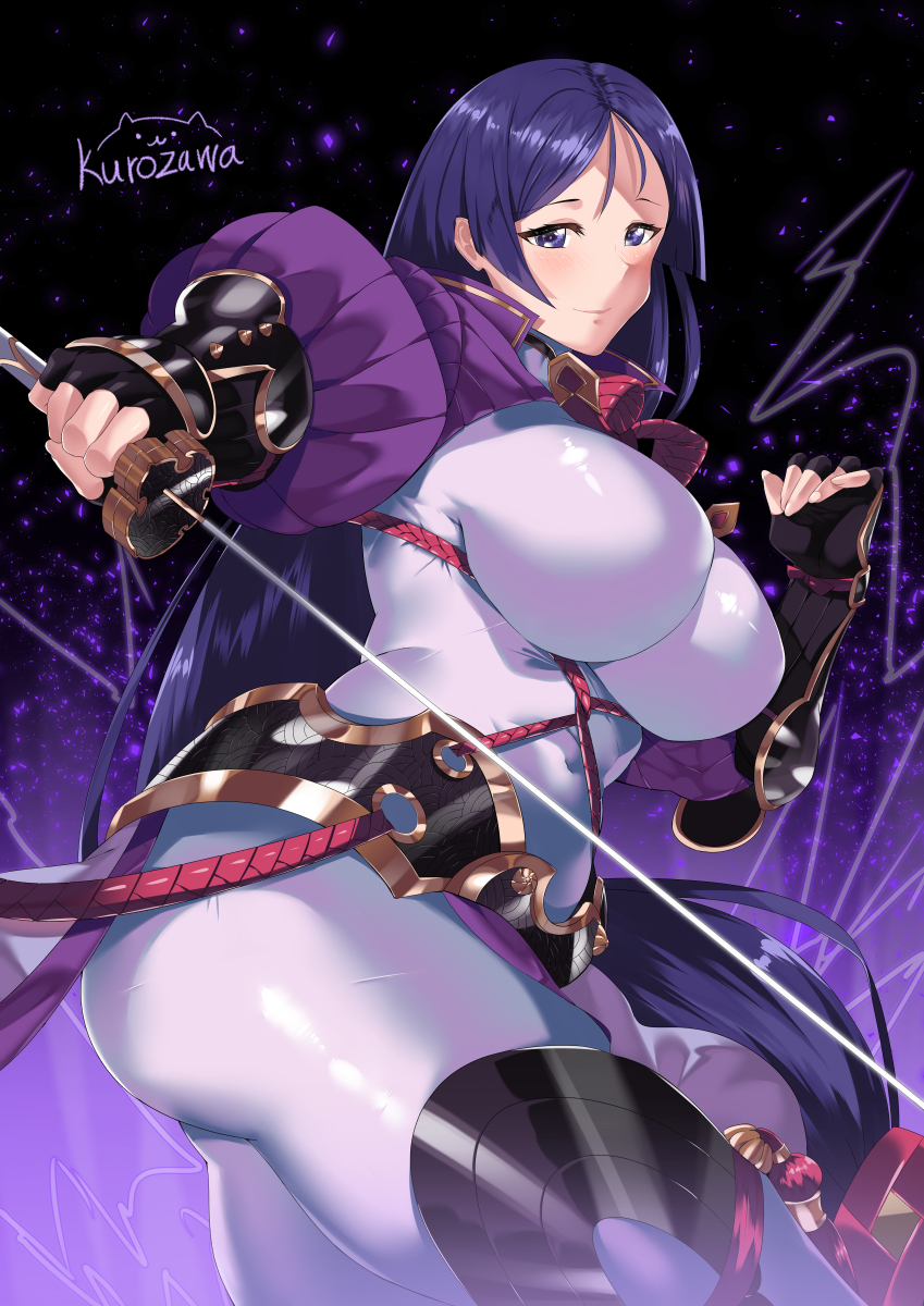1girl armor bangs black_gloves bodysuit breasts closed_mouth curvy fate/grand_order fate_(series) fingerless_gloves gloves highres holding holding_sword holding_weapon japanese_armor kurosawa_(hjkl42332) large_breasts loincloth long_hair looking_at_viewer low-tied_long_hair minamoto_no_raikou_(fate/grand_order) parted_bangs purple_bodysuit purple_hair ribbed_sleeves rope sword tabard very_long_hair violet_eyes weapon