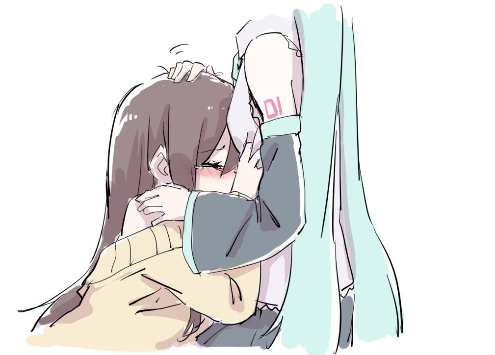 2girls aqua_hair bare_shoulders black_sleeves blush brown_hair closed_eyes comforting commentary crying detached_sleeves grey_shirt hair_ornament hand_on_another's_chest hand_on_another's_shoulder hatsune_miku head_in_chest head_out_of_frame long_hair master_(vocaloid) multiple_girls nejikyuu petting shirt shoulder_tattoo sleeveless sleeveless_shirt straight_hair sweater tattoo tears twintails upper_body very_long_hair vocaloid yellow_sweater