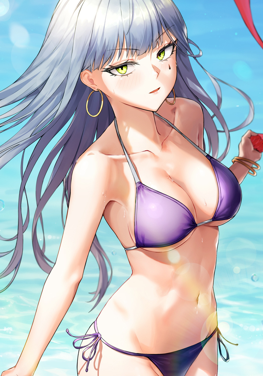 1girl bangle bangs bare_shoulders beach bikini blunt_bangs blush bracelet breasts collarbone cowboy_shot day earrings eyebrows_visible_through_hair facial_mark floating_hair girls_frontline gold greem_bang green_eyes groin hair_ornament highres hk416_(girls_frontline) holding hoop_earrings jewelry large_breasts long_hair looking_at_viewer navel ocean open_mouth outdoors purple_bikini side-tie_bikini sidelocks silver_hair solo stomach sweatdrop swimsuit teardrop very_long_hair wind