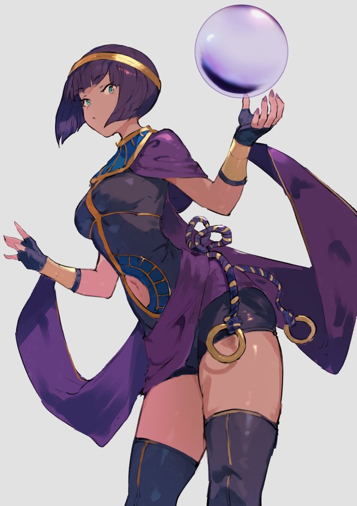 1girl bangs blue_eyes blunt_bangs egyptian eyebrows_visible_through_hair fingerless_gloves gloves grey_background kureta_(nikogori) menat navel navel_cutout orb parted_lips purple_gloves purple_nails short_hair short_shorts shorts simple_background solo standing street_fighter thigh-highs violet_eyes