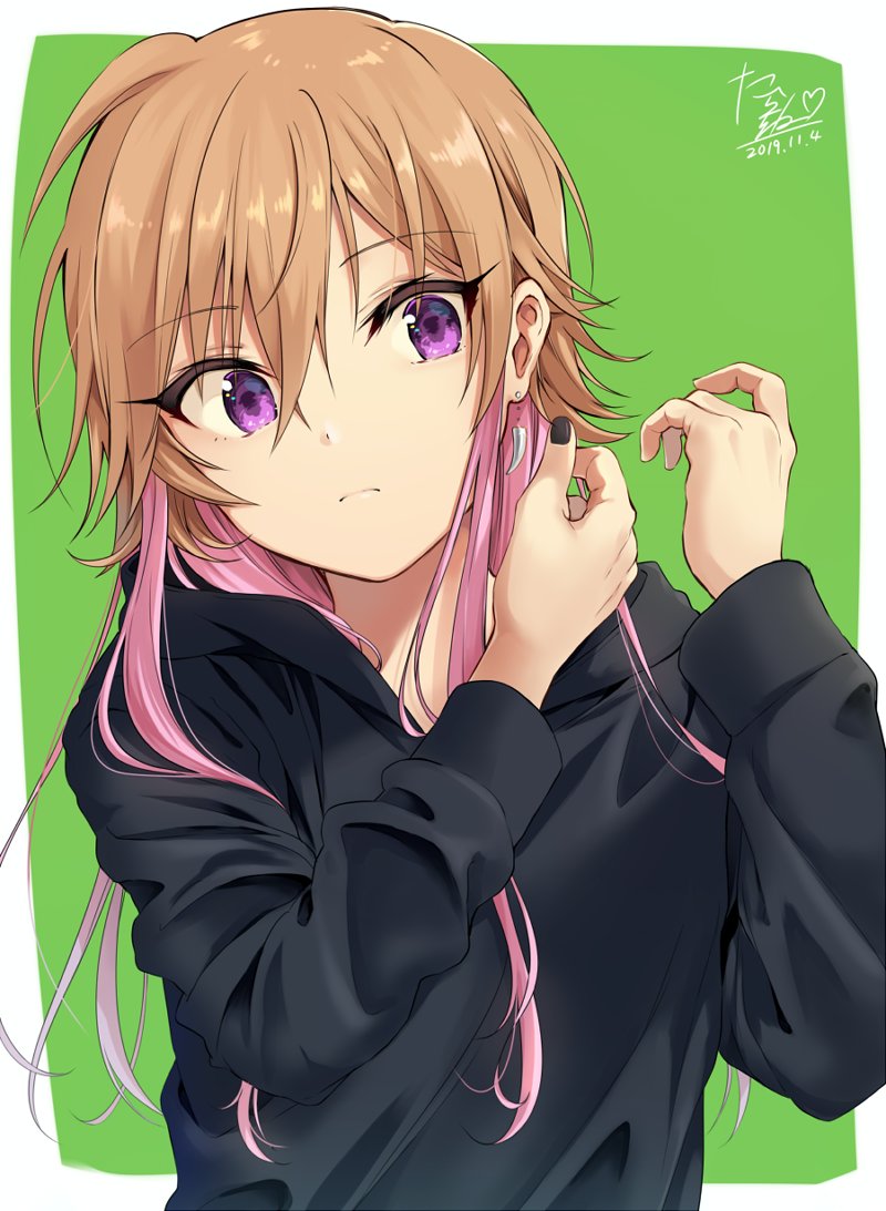 1girl bangs black_jacket black_nails brown_hair closed_mouth dated earrings eyebrows_visible_through_hair eyes_visible_through_hair fingernails green_background hair_between_eyes hands_up hood hoodie idolmaster idolmaster_cinderella_girls jacket jewelry long_hair multicolored_hair nail_polish ninomiya_asuka outside_border pink_hair putting_on_jewelry sidelocks signature simple_background solo streaked_hair tarachine violet_eyes