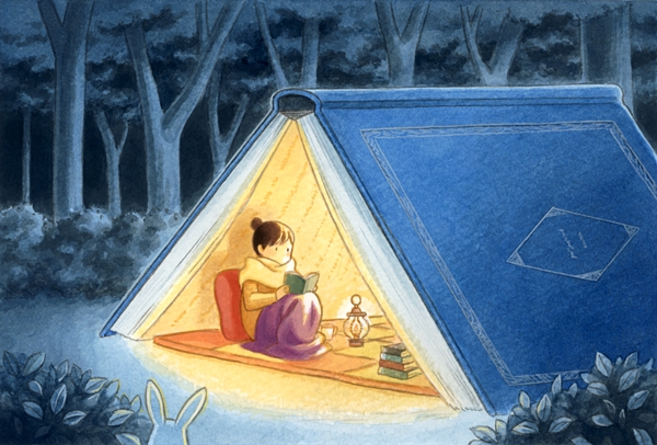 ._. acrylic_paint_(medium) blanket book book_stack brown_hair bush commentary cup cushion forest hair_bun holding holding_book knees_up lamp long_sleeves nature original outdoors rabbit reading scarf shirt sitting suijou_ai tent traditional_media tree yellow_shirt