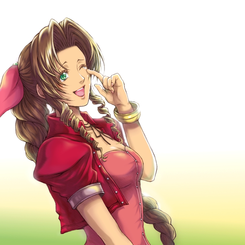 1girl ;d aerith_gainsborough black_ribbon bow bracelet braided_ponytail brown_hair collarbone dress_shirt final_fantasy final_fantasy_vii finger_to_eye floating_hair from_side gradient gradient_background green_background green_eyes hair_bow hair_intakes jacket jewelry long_hair neck_ribbon one_eye_closed open_clothes open_jacket open_mouth pink_bow pink_shirt ponytail popochan-f red_jacket ribbon shirt short_sleeves smile solo strapless upper_body very_long_hair white_background