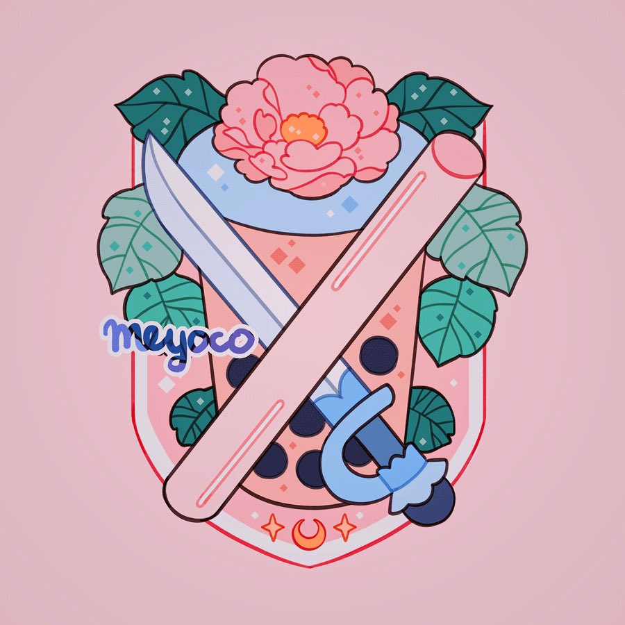 artist_name bubble_tea crescent_moon drinking_straw flower leaf meyoco moon no_humans original pink_background pink_flower simple_background sparkle sword weapon