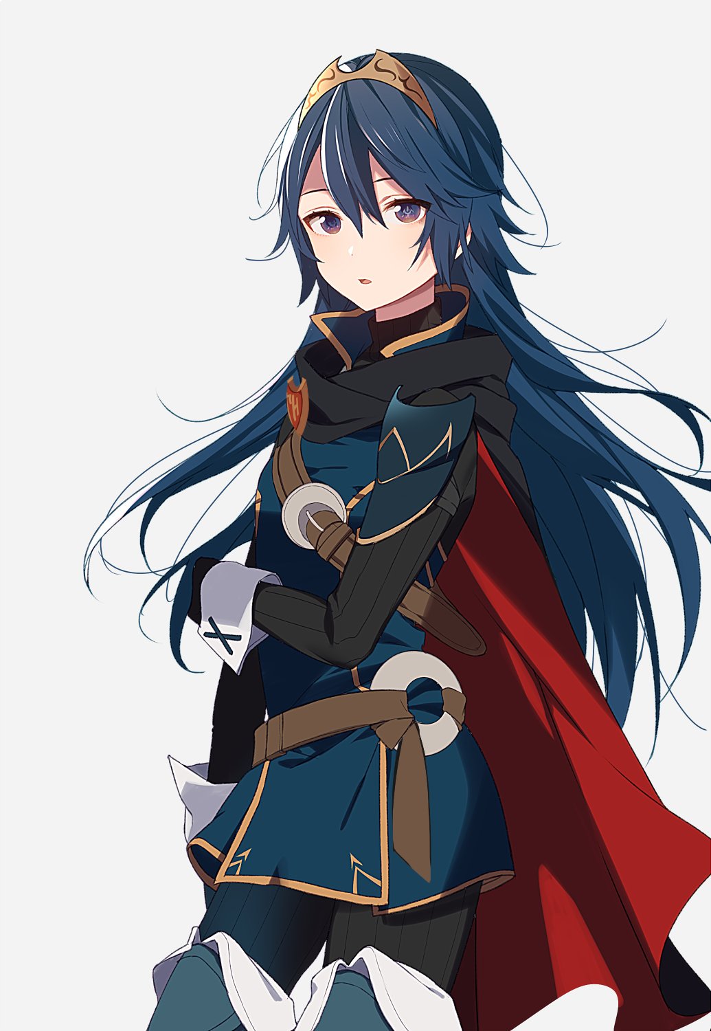 1girl belt belt_buckle black_cape black_shirt blue_hair boots buckle cape fire_emblem fire_emblem:_kakusei fire_emblem_awakening gloves highres intelligent_systems long_hair long_sleeves looking_at_viewer lucina lucina_(fire_emblem) nintendo open_mouth ribbed_sweater ryon_(ryonhei) shirt simple_background solo sweater symbol-shaped_pupils thigh-highs thigh_boots tiara turtleneck very_long_hair white_background wrist_cuffs