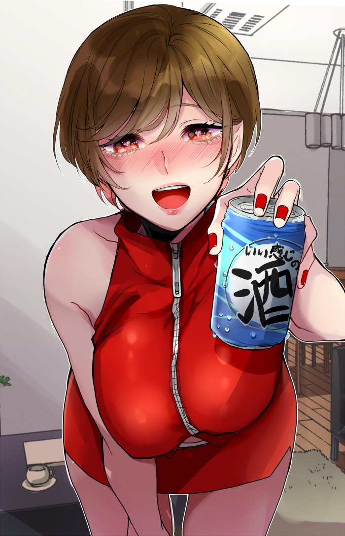 1girl :d alcohol bangs beer beer_can breasts brown_hair can commentary_request crop_top cup earrings eyebrows_visible_through_hair holding holding_can indoors itoko_(i_t_k) jewelry large_breasts leaning_forward meiko miniskirt open_mouth red_nails rug short_hair skirt smile soda_can table vocaloid wooden_floor