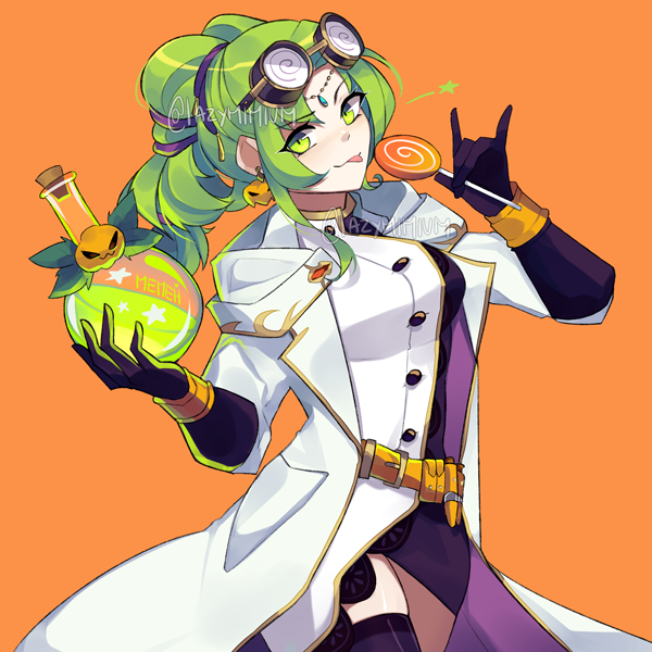 1girl artist_name belt black_gloves bracelet candy coke-bottle_glasses earrings eyewear_on_head fire_emblem fire_emblem:_the_sacred_stones fire_emblem_heroes flask food glasses gloves green_eyes green_hair halloween_costume holding jewelry l'arachel_(fire_emblem) labcoat lazymimium lollipop orange_background simple_background solo twitter_username