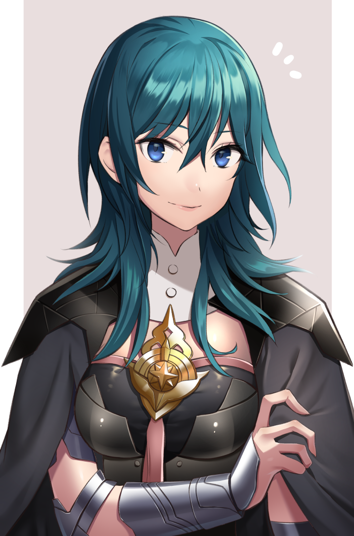 1girl armor blue_eyes blue_hair breasts byleth_(fire_emblem) byleth_eisner_(female) cape commentary_request eyebrows_visible_through_hair fire_emblem fire_emblem:_three_houses green_hair hair_between_eyes long_hair looking_at_viewer minami_ikkei simple_background smile