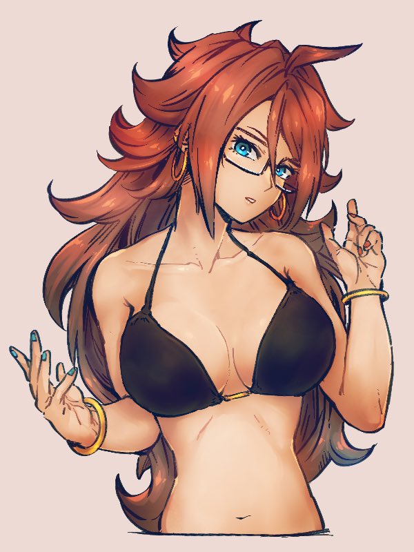 1girl ahoge android_21 bangle black-framed_eyewear black_bikini_top blue_eyes blue_nails bracelet breasts brown_hair collarbone dragon_ball dragon_ball_fighterz earrings flipped_hair glasses hoop_earrings jewelry kemachiku large_breasts long_hair looking_at_viewer nail_polish navel red_nails semi-rimless_eyewear solo under-rim_eyewear upper_body