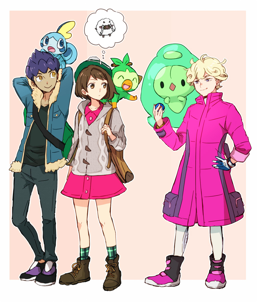 1girl 2boys animal animal_on_shoulder backpack bag bangs beet_(pokemon) blonde_hair blue_jacket brown_eyes brown_footwear brown_hair cardigan dark_skin dark_skinned_male female_protagonist_(pokemon_swsh) fur_trim gen_5_pokemon gen_8_pokemon green_headwear green_legwear grey_cardigan grookey hat hinata_(ryohinata) holding holding_poke_ball hop_(pokemon) jacket long_sleeves looking_at_another multiple_boys pants pink_jacket plaid plaid_legwear poke_ball pokemon pokemon_(creature) pokemon_(game) pokemon_swsh pokemon_trainer pouch reuniclus shoes short_hair simple_background smile sobble socks standing tam_o'_shanter thought_bubble white_legwear wooloo