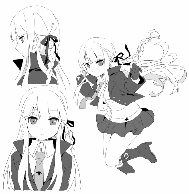 1girl black_gloves braid breasts closed_mouth commentary_request dangan_ronpa gloves hair_ornament hair_ribbon jacket kirigiri_kyouko long_hair looking_at_viewer monochrome necktie neneko-n ribbon school_uniform side_braid simple_background single_braid skirt solo white_background