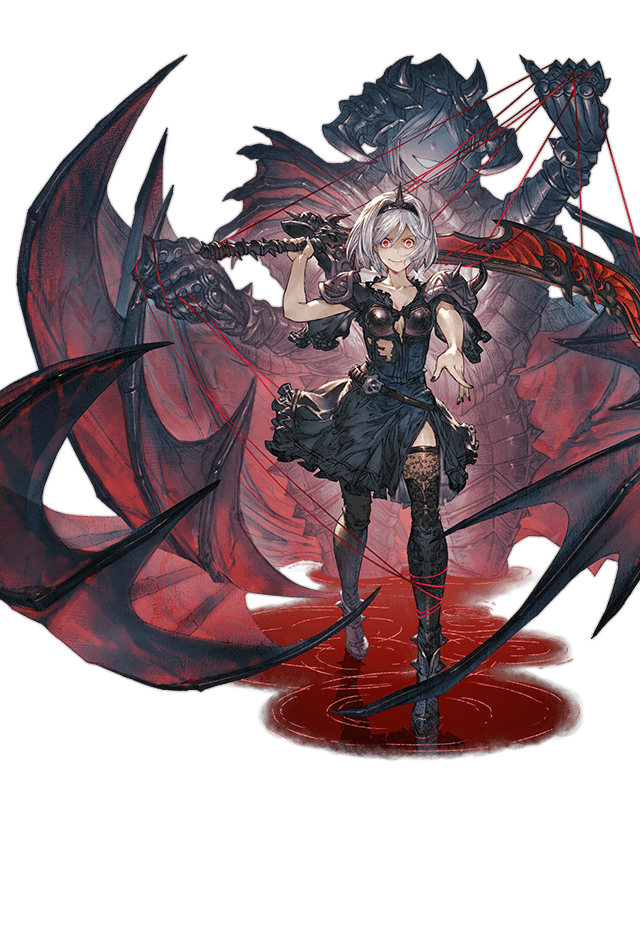 1girl bare_arms belt black_dress black_legwear black_nails bob_cut buckle crazy_eyes crazy_smile dark_persona djeeta_(granblue_fantasy) djeeta_(granblue_fantasy)_(alter_ego_conjurer) dress faceless faceless_female granblue_fantasy hairband minaba_hideo official_art open_mouth outstretched_arm puppet_strings red_eyes shaded_face shoulder_armor shoulder_pads silver_hair smile solo spiked_hairband spikes sword thigh-highs torn_clothes transparent_background weapon wings