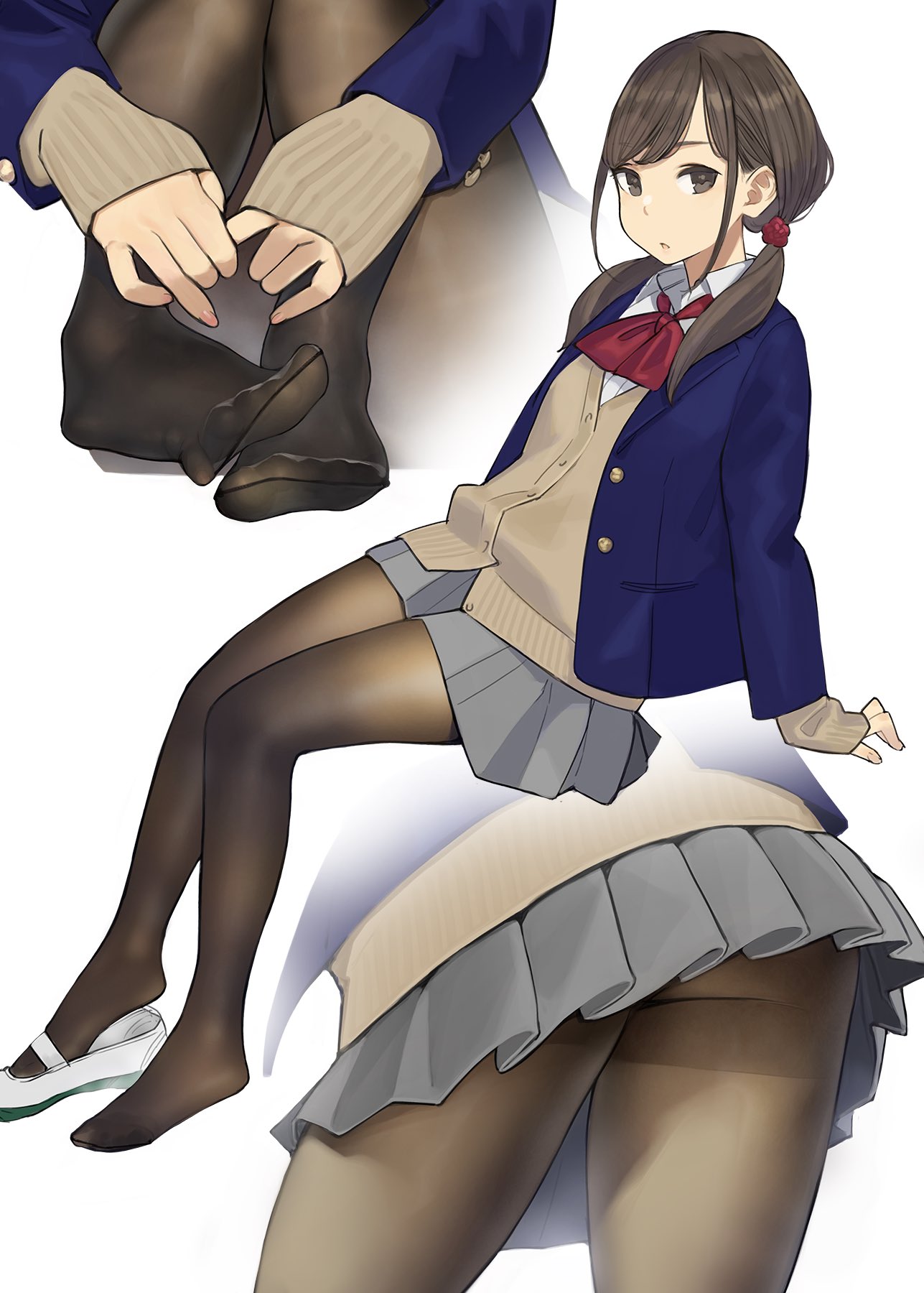 1girl :o ass bangs beige_cardigan blazer blue_jacket blush breasts brown_eyes brown_hair brown_legwear cardigan collared_shirt grey_skirt hair_ornament highres jacket long_hair looking_at_viewer low_twintails multiple_views no_shoes open_blazer open_clothes open_jacket original pantyhose pleated_skirt red_neckwear school_uniform shirt shoes shoes_removed simple_background sitting skirt twintails uwabaki white_footwear white_shirt yomu_(sgt_epper)
