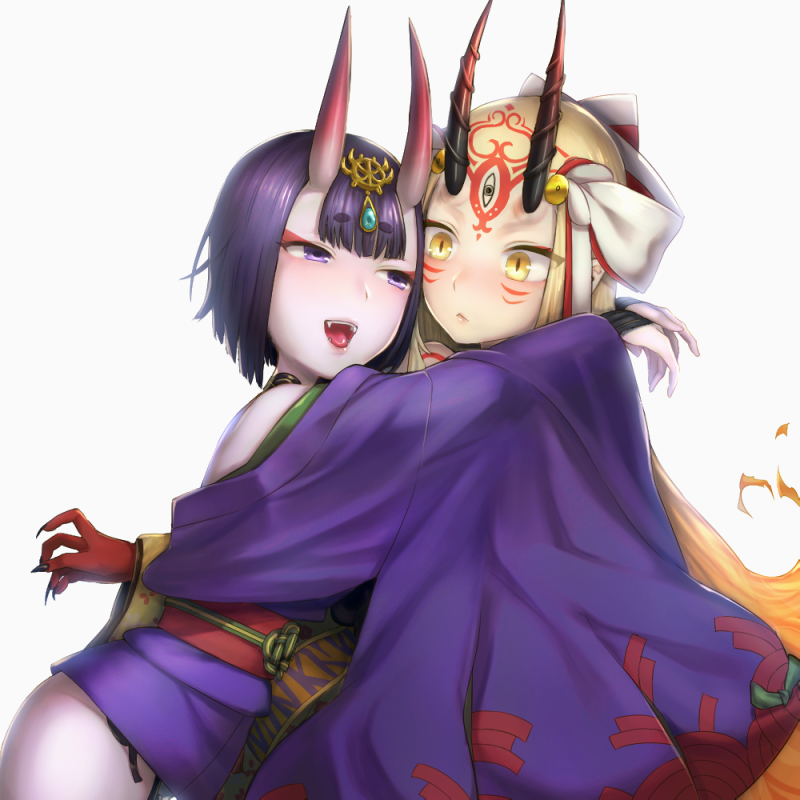 2girls arms_around_neck black_nails blonde_hair chichizuki_(manman-ya) fangs fate/grand_order fate_(series) fingernails ibaraki_douji_(fate/grand_order) japanese_clothes jewelry long_hair makeup multiple_girls oni_horns open_mouth pale_skin purple_hair robe sharp_fingernails shuten_douji_(fate/grand_order) smile violet_eyes yellow_eyes