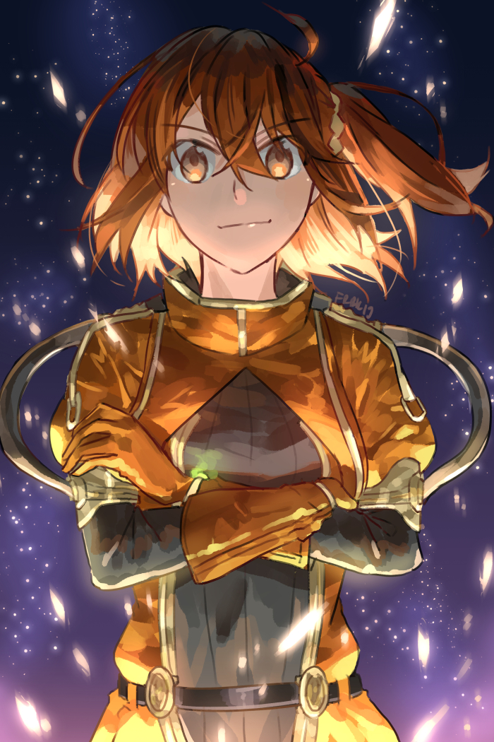 1girl ahoge bangs belt bodysuit breasts captain_chaldea closed_mouth crossed_arms fare fate/grand_order fate_(series) fujimaru_ritsuka_(female) gloves hair_between_eyes hair_ornament hair_scrunchie looking_at_viewer medium_breasts one_side_up orange_bodysuit orange_eyes orange_gloves orange_hair scrunchie short_hair sky smile solo spacesuit star_(sky) starry_sky