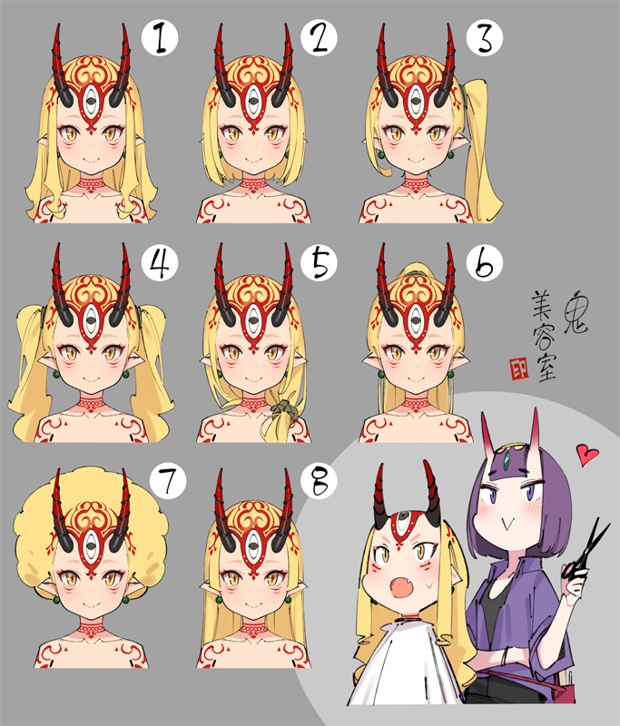 2girls :&gt; afro alternate_hairstyle bangs barber bare_shoulders black_horns black_pants black_tank_top blonde_hair board_game collarbone commentary_request cutting_hair earrings ereshkigal_(fate/grand_order) facial_mark fate/grand_order fate_(series) forehead_mark go hair_ornament hair_scrunchie heart horns ibaraki_douji_(fate/grand_order) jewelry long_hair low_tied_hair medium_hair multiple_girls multiple_views no_eyebrows oni_horns pants pointy_ears ponytail pop_kyun purple_hair purple_shirt red_horns scissors scrunchie shirt short_hair shuten_douji_(fate/grand_order) side_ponytail skin-covered_horns slit_pupils smile towel twintails very_long_hair violet_eyes whisker_markings yellow_eyes