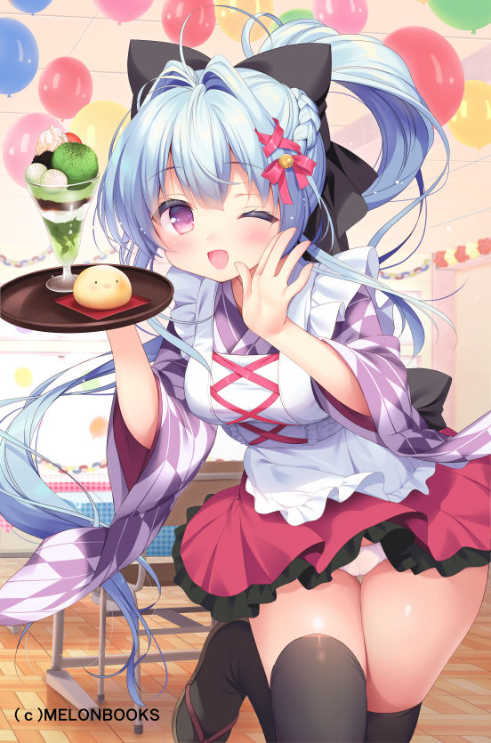 1girl ;d ahoge apron balloon bangs black_bow black_legwear blue_hair bow braid brown_footwear commentary_request eyebrows_visible_through_hair food frilled_apron frilled_skirt frills hair_bow hair_intakes high_ponytail holding holding_tray indoors japanese_clothes kimono long_hair one_eye_closed open_mouth original piyodera_mucha pleated_skirt ponytail print_kimono purple_kimono red_bow red_skirt short_sleeves skirt smile solo standing standing_on_one_leg thigh-highs tray very_long_hair violet_eyes white_apron wide_sleeves