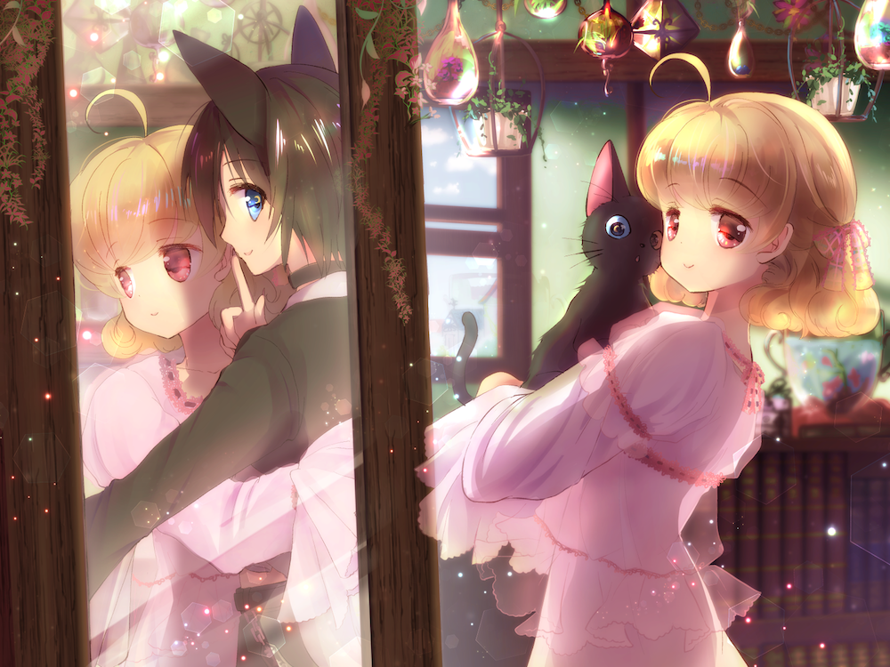 2girls ahoge animal animal_ears animal_hug asmr black_hair black_shirt blonde_hair blue_eyes bow cat cat_ears cat_girl commentary_request different_reflection dress hair_bow holding holding_cat hug index_finger_raised indoors light_particles looking_at_viewer medium_hair mirror multiple_girls oka_(umanihiki) original ornament partial_commentary pink_dress red_eyes reflection shirt short_hair smile window yuri