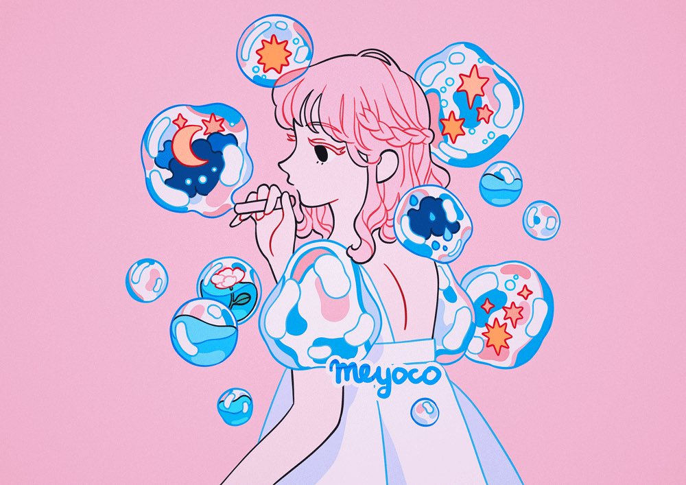 1girl artist_name bangs braid bubble bubble_blowing clouds crescent_moon eyebrows flower leaf liquid medium_hair meyoco moon original partially_submerged pink_background pink_flower pink_hair profile puffy_short_sleeves puffy_sleeves short_sleeves simple_background solo upper_body white_sleeves