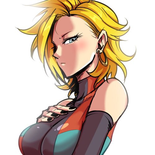 1girl android_18 android_21 black_nails blonde_hair blue_eyes blush breasts collarbone detached_sleeves dragon_ball dragon_ball_fighterz earrings from_side fusion hoop_earrings impossible_clothes jewelry kemachiku large_breasts lowres potara_earrings skin_tight solo turtleneck