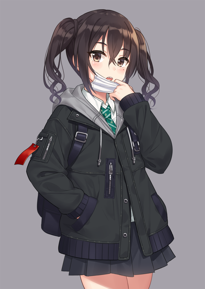 1girl :o backpack bag black_jacket black_skirt brown_eyes brown_hair collared_shirt cowboy_shot drawstring green_neckwear hair_between_eyes hand_in_pocket hand_up hood hood_down hooded_jacket idolmaster idolmaster_cinderella_girls jacket long_hair long_sleeves looking_at_viewer mask_pull miniskirt mole mole_under_eye necktie open_mouth pleated_skirt school_uniform sharp_teeth shirt sidelocks skirt solo standing striped striped_neckwear sunazuka_akira surgical_mask teeth twintails wavy_hair white_shirt yuuhi_(ages)