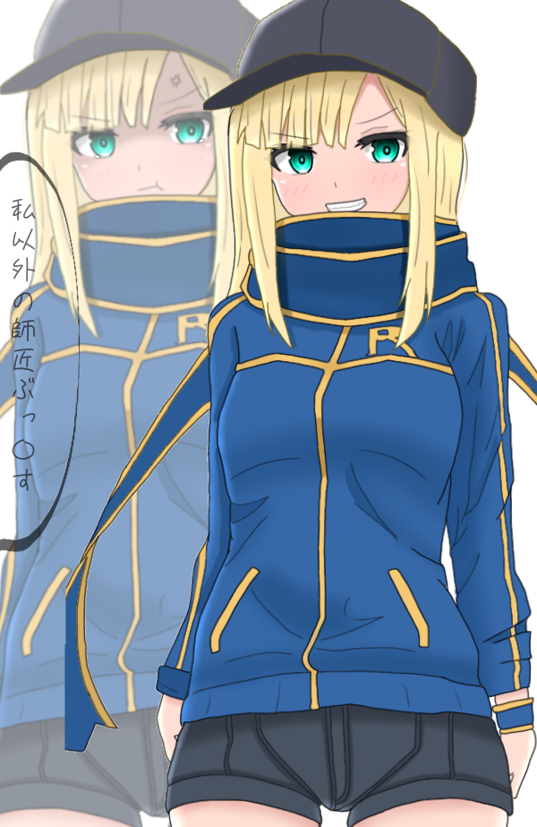 1girl :t anger_vein artoria_pendragon_(all) atsumisu bangs baseball_cap black_headwear black_shorts blonde_hair blue_jacket blue_scarf blush breasts closed_mouth commentary_request cosplay cowboy_shot eyebrows_visible_through_hair fate/grand_order fate_(series) green_eyes grin hat jacket long_hair lord_el-melloi_ii_case_files multiple_views mysterious_heroine_x mysterious_heroine_x_(cosplay) pout reines_el-melloi_archisorte scarf short_shorts shorts simple_background small_breasts smile translation_request v-shaped_eyebrows white_background wristband zoom_layer