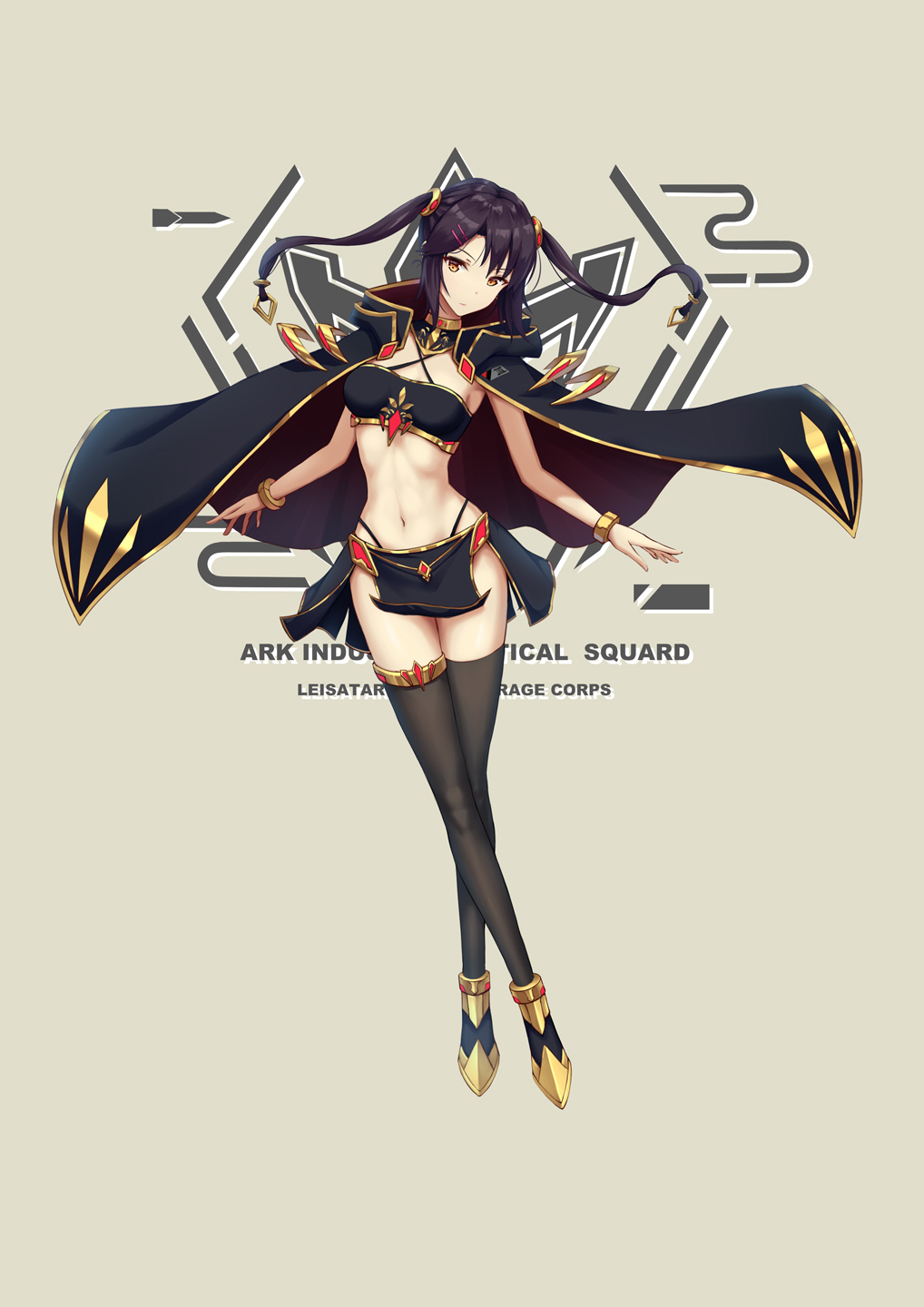 1girl black_hair black_legwear breasts cape dylannn hair_ornament hairclip highres original shoes small_breasts thigh-highs twintails yellow_eyes