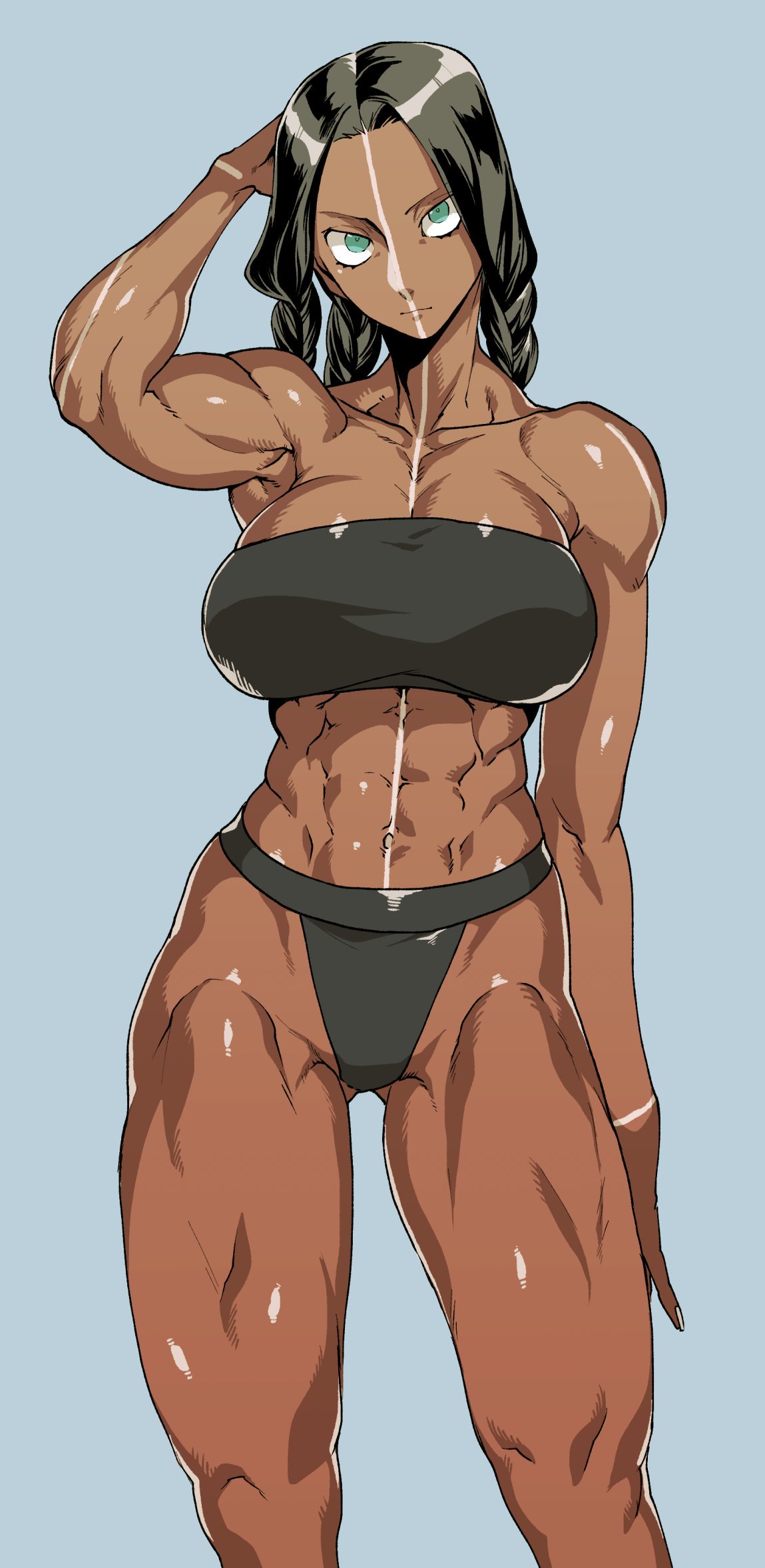 1girl abs aqua_eyes bare_shoulders bikini black_hair black_swimsuit blue_background bodypaint braid breasts dark_skin fate/grand_order fate_(series) forehead genderswap genderswap_(mtf) geronimo_(fate/grand_order) highres long_hair looking_at_viewer muscle muscular_female navel rokkotsu simple_background solo swimsuit