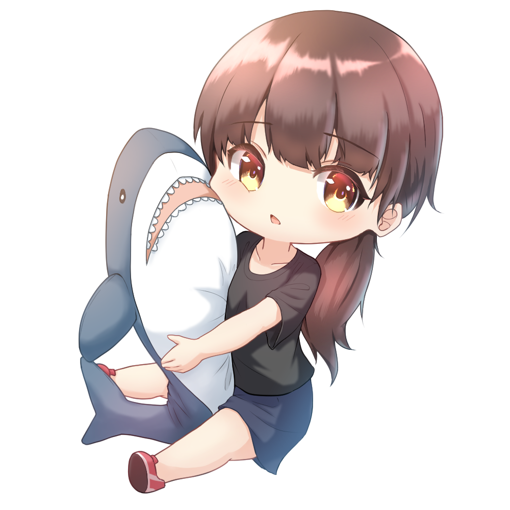 1girl bangs black_shirt blue_shorts blush brown_eyes brown_hair chibi collarbone commentary_request copyright_request eyebrows_visible_through_hair full_body karorena long_hair low_ponytail object_hug parted_lips ponytail red_footwear shirt shoe_soles shoes short_sleeves shorts simple_background sitting solo stuffed_animal stuffed_shark stuffed_toy very_long_hair white_background