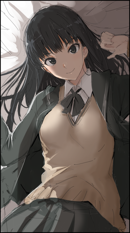 1girl amagami ayatsuji_tsukasa bangs bed_sheet black_eyes black_hair black_jacket black_neckwear black_skirt blazer blunt_bangs brown_sweater closed_mouth collared_shirt jacket long_hair long_sleeves looking_at_viewer lying mobu on_back open_blazer open_clothes open_jacket pleated_skirt school_uniform shiny shiny_hair shirt sketch skirt smile solo sweater white_shirt wing_collar