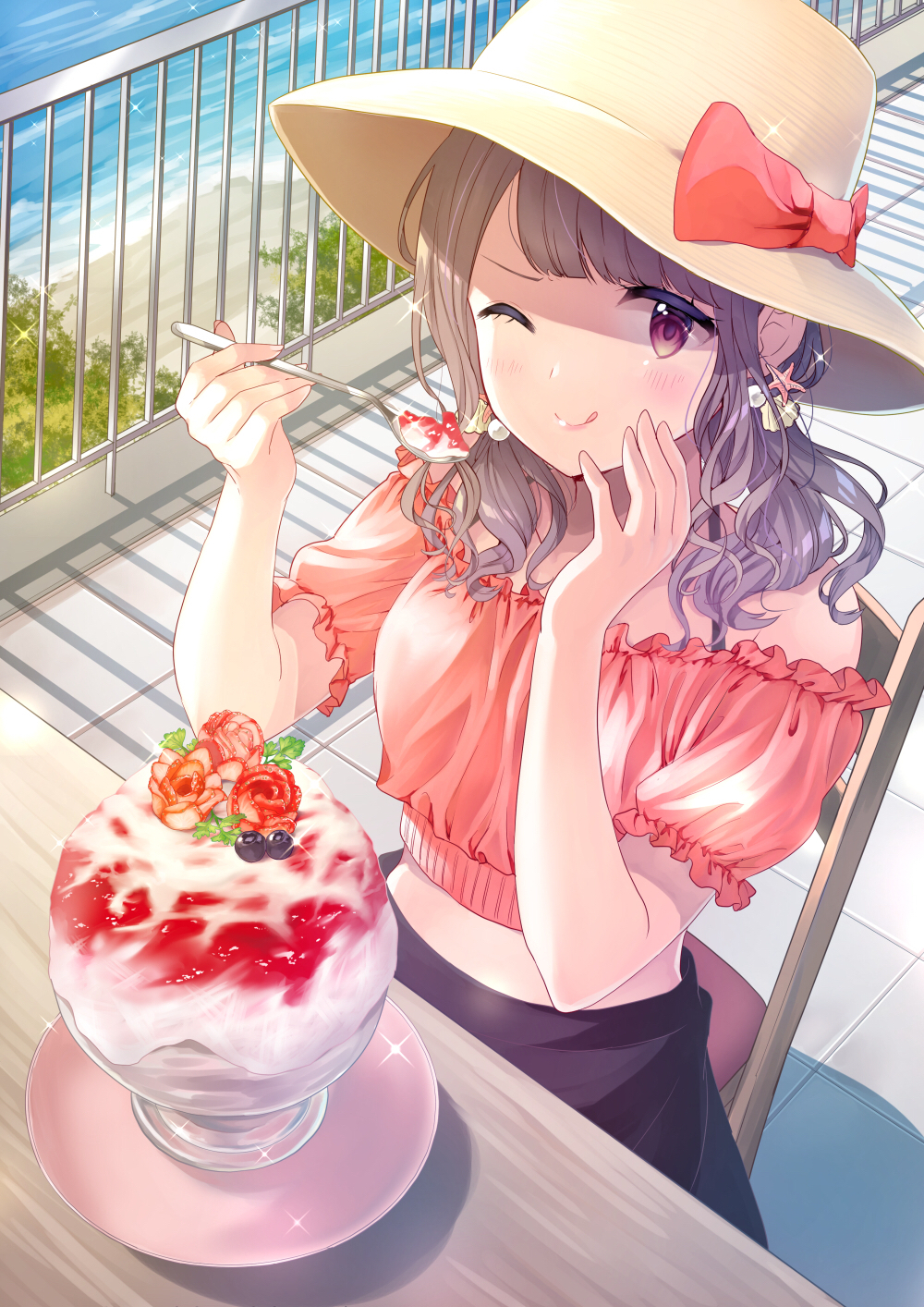 1girl ;q bangs beach black_skirt blueberry blush bra_strap brown_headwear chair commentary_request day earrings flower food fruit glint hand_on_own_cheek hat highres holding holding_spoon jewelry looking_at_viewer medium_hair midriff ocean one_eye_closed original outdoors pechi_(peeechika) plate puffy_short_sleeves puffy_sleeves purple_hair railing red_shirt rose shaved_ice shirt shore short_sleeves sitting skirt spoon straw_hat table tile_floor tiles tongue tongue_out violet_eyes