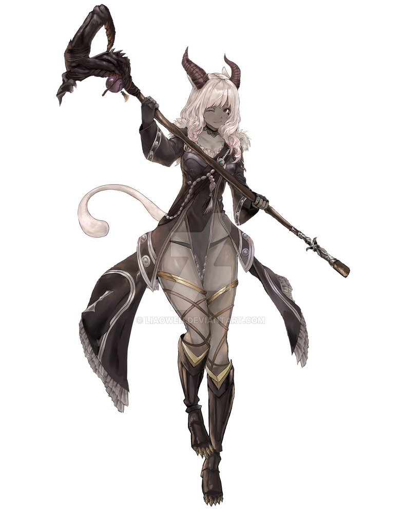 1girl ;) black_eyes black_gloves black_horns commission final_fantasy final_fantasy_xiv fingerless_gloves full_body gloves grey_skin holding holding_staff horns jewelry liaowen one_eye_closed ring smile solo staff standing tail watermark web_address white_background white_hair