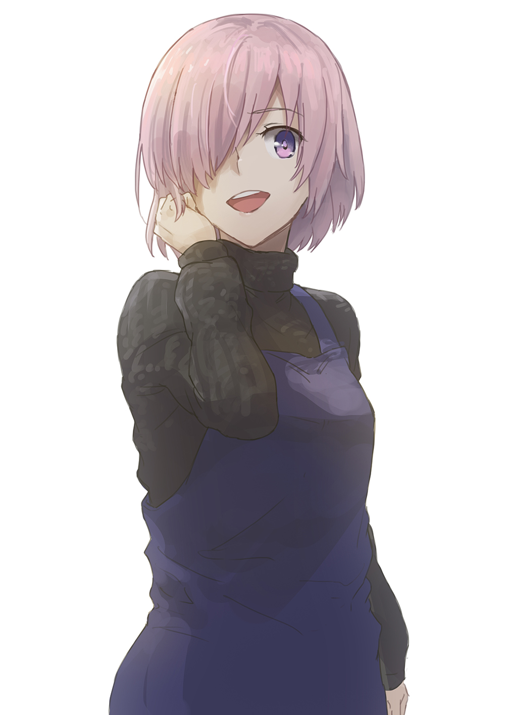 1girl :d apron black_sweater blue_apron fate/grand_order fate_(series) gachapinmuck2 hair_over_one_eye hand_in_hair highres long_sleeves looking_at_viewer mash_kyrielight open_mouth pink_hair short_hair simple_background smile solo standing sweater turtleneck turtleneck_sweater upper_body violet_eyes white_background