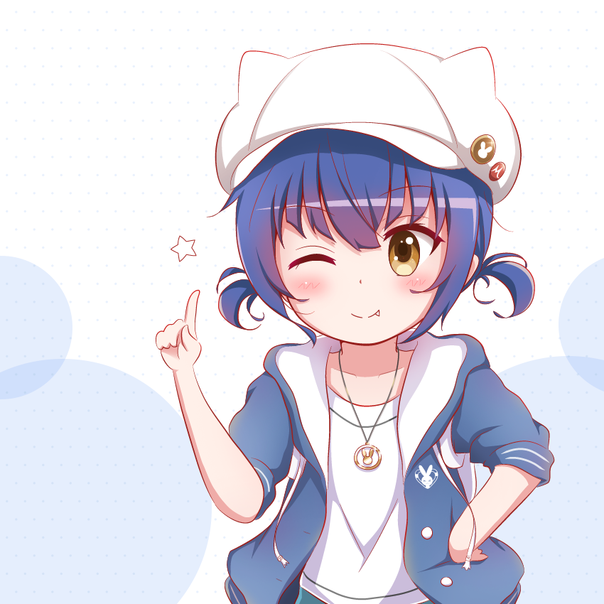 1girl ;) animal_ears animal_hat badge bangs blue_hair blue_jacket blush brown_eyes button_badge cabbie_hat closed_mouth collarbone commentary_request drawstring eyebrows_visible_through_hair fake_animal_ears fang fang_out gochuumon_wa_usagi_desu_ka? goth_risuto hair_between_eyes hand_on_hip hand_up hat hood hood_down hooded_jacket index_finger_raised jacket jewelry jouga_maya one_eye_closed open_clothes open_jacket pendant shirt short_sleeves short_twintails smile solo star twintails upper_body white_background white_headwear white_shirt