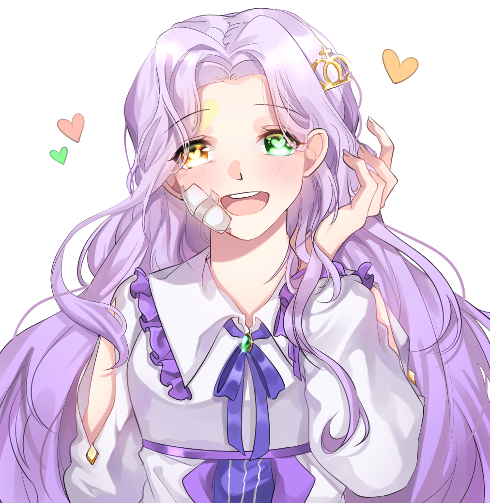 1girl :d bandage_on_face blue_ribbon blush brooch frills glint green_eyes hair_ornament hand_up heart heart-shaped_pupils heterochromia jewelry long_hair long_sleeves looking_at_viewer open_mouth original purple_hair ribbon ronpu_cooing simple_background smile solo standing symbol-shaped_pupils upper_body very_long_hair white_background yellow_eyes