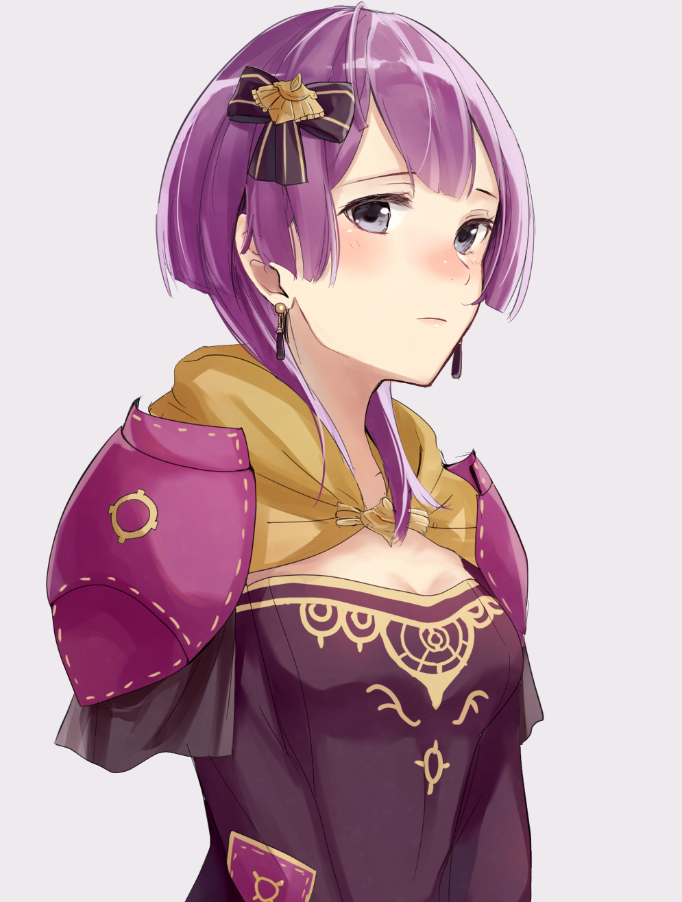 1girl bernadetta_von_varley black_bow blush bow breasts closed_eyes closed_mouth dress earrings fire_emblem fire_emblem:_three_houses grey_background grey_eyes hair_bow haru_(nakajou-28) highres hood jewelry looking_at_viewer nose_blush purple_dress purple_hair short_hair shoulder_armor simple_background small_breasts solo spaulders strapless strapless_dress upper_body violet_eyes