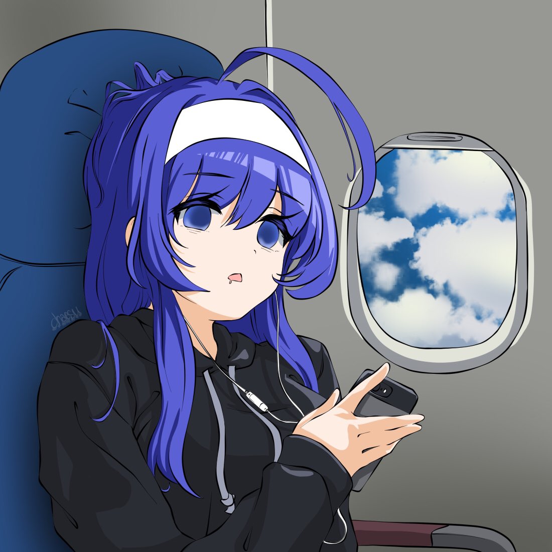 1girl ahoge aircraft airplane alternate_costume blue_eyes blue_hair breasts chaesu clouds cloudy_sky empty_eyes hairband holding holding_phone hood hoodie huge_ahoge long_hair medium_breasts orie_(under_night_in-birth) phone sick sitting sky solo under_night_in-birth very_long_hair white_hairband window