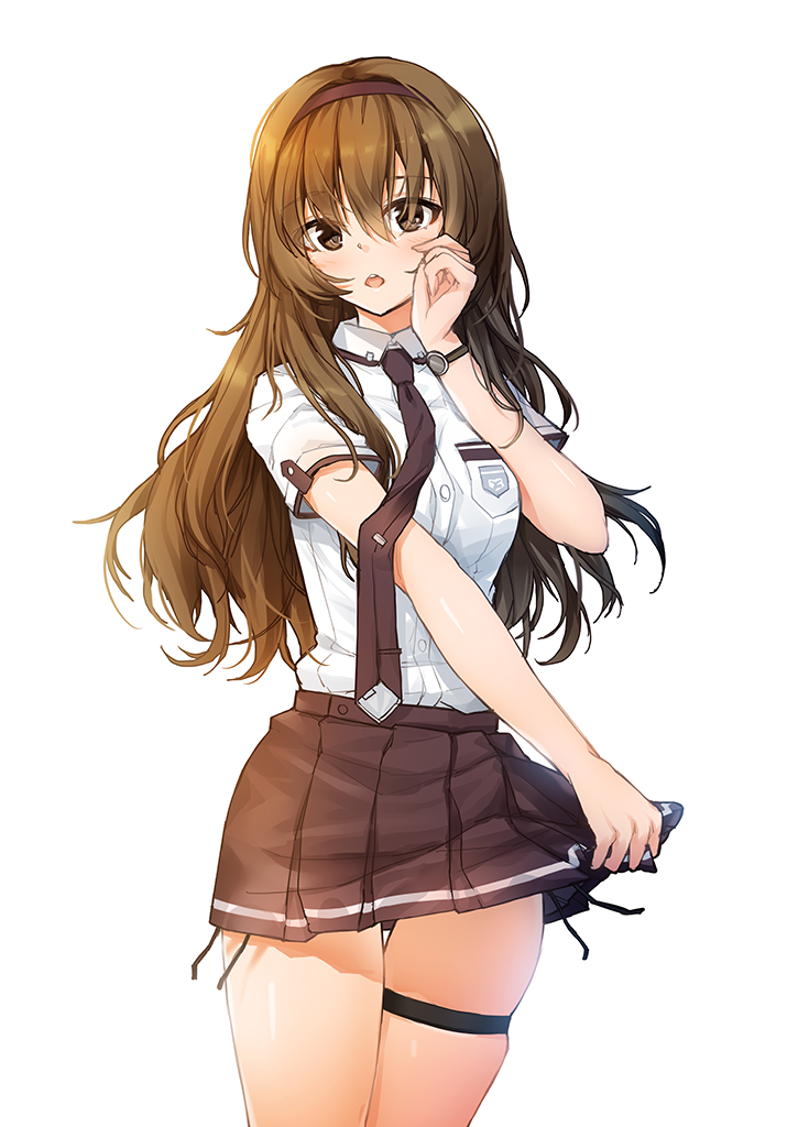 1girl bangs black_panties blush breasts brown_eyes brown_hair brown_hairband brown_neckwear brown_skirt collared_shirt commentary_request eyebrows_visible_through_hair hair_between_eyes hairband hand_up long_hair macchiato_(jae-min_cho) necktie open_mouth original panties pleated_skirt school_uniform shirt short_sleeves side-tie_panties simple_background skindentation skirt small_breasts solo thigh_strap underwear upper_teeth very_long_hair white_background white_shirt