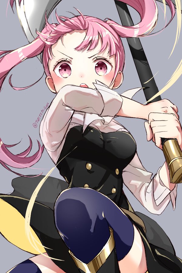 1girl axe blue_legwear fire_emblem fire_emblem:_three_houses garreg_mach_monastery_uniform grey_background hilda_valentine_goneril holding holding_axe long_hair open_mouth pink_eyes pink_hair simple_background solo thigh-highs tori55nigen twintails twitter_username uniform