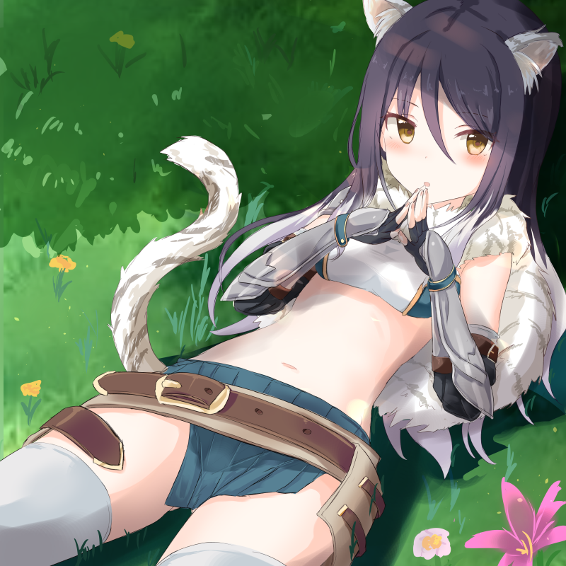 1girl animal_ear_fluff animal_ears armor bandeau bangs belt black_hair blush breasts cowboy_shot detached_sleeves eyebrows_visible_through_hair fingerless_gloves flower fur_collar fur_scarf gauntlets gloves grass hair_between_eyes hands_together kashiwazaki_shiori long_hair looking_at_viewer lying multicolored_hair navel open_mouth outdoors pleated_skirt princess_connect! princess_connect!_re:dive shadow sidelocks skirt small_breasts solo stomach tail thigh-highs tiger_ears tiger_tail white_hair white_legwear yellow_eyes yuki_(yukin0128)