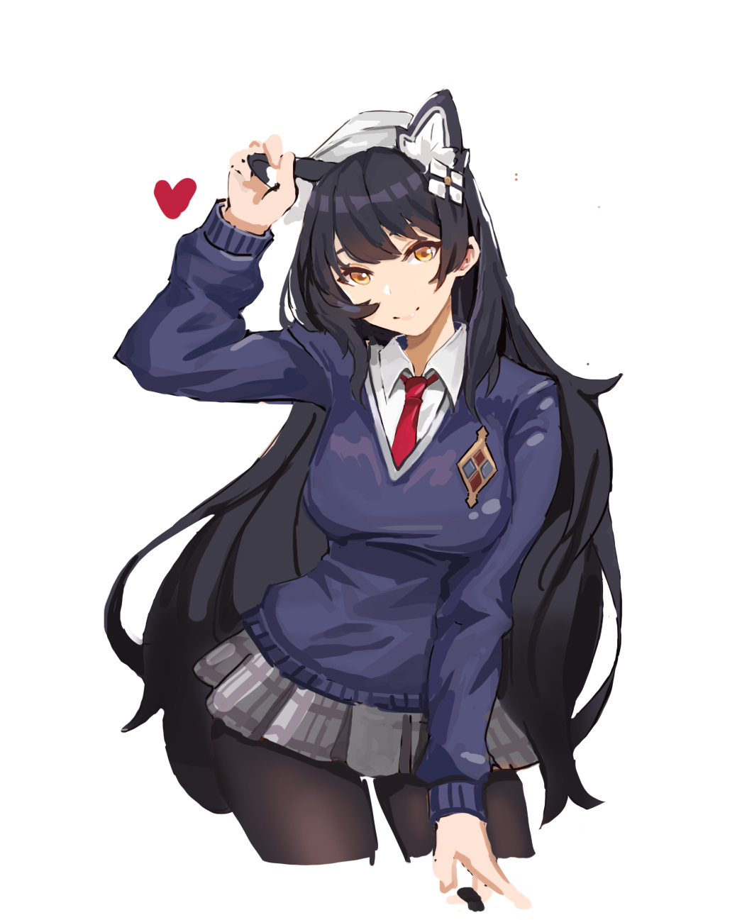 1girl animal_ears arm_up black_hair black_legwear blue_sweater breasts cat_ears character_request closed_mouth contrapposto cropped_legs ghost_(kjw5679) girls_frontline grey_skirt hand_on_ear highres large_breasts long_hair long_sleeves looking_at_viewer miniskirt necktie pantyhose plaid plaid_skirt pleated_skirt red_neckwear school_uniform simple_background skirt smile solo sweater very_long_hair white_background white_headwear yellow_eyes