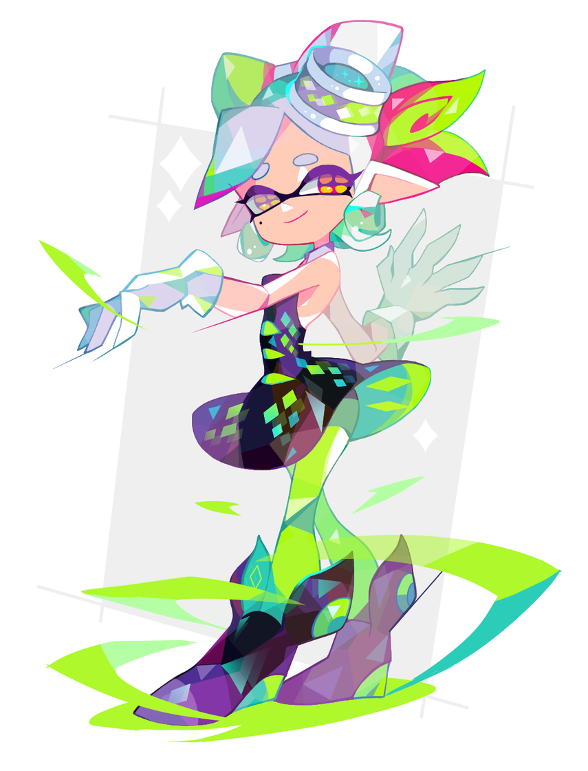 1girl amakusa_(hidorozoa) black_dress black_footwear cephalopod_eyes dress gloves green_legwear hotaru_(splatoon) looking_at_viewer splatoon_(series) tagme tentacle_hair white_background white_hair