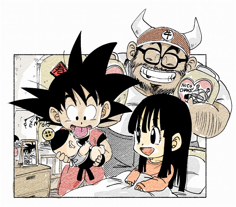 1girl 3boys :p ^_^ baby bangs beard bed bed_sheet black-framed_eyewear black_eyes black_hair blunt_bangs carrying chi-chi_(dragon_ball) closed_eyes commentary_request couple dot_nose dougi dragon_ball dragon_ball_(classic) dragon_ball_(object) eyelashes facial_hair father_and_daughter father_and_son fenyon frame glasses grandfather_and_grandson gyuu_mao happy hat height_difference hetero hime_cut indoors long_hair long_sleeves looking_at_another looking_down mother_and_son multiple_boys mustache nightstand on_bed open_mouth orange_shirt photo_(object) pillow shirt sidelocks sitting smile son_gohan son_gokuu spiky_hair standing straight_hair tongue tongue_out twitter_username under_covers wristband